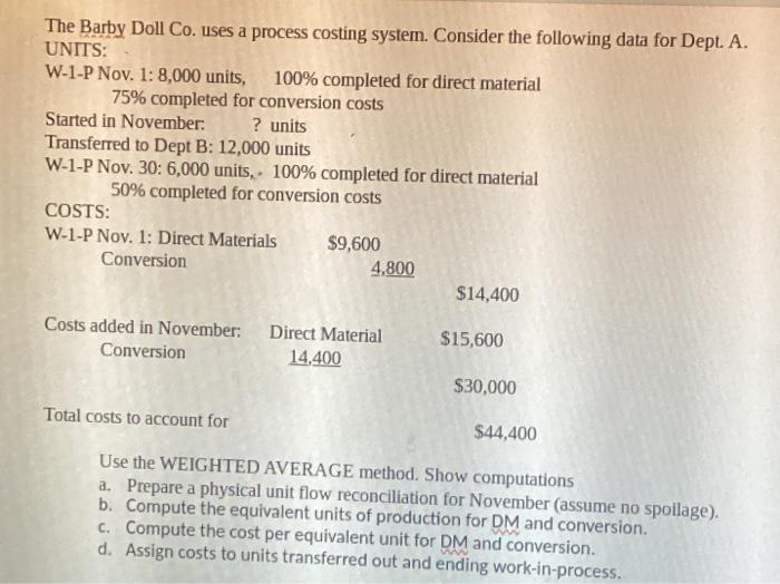 show work and computation The Barby Doll Co. uses a process costing