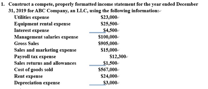  1. Construct a compete, properly formatted income statement for the year