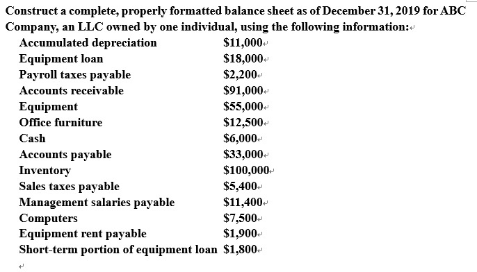 ended December 31,2019 for ABC Company, an LLC, using the following information: