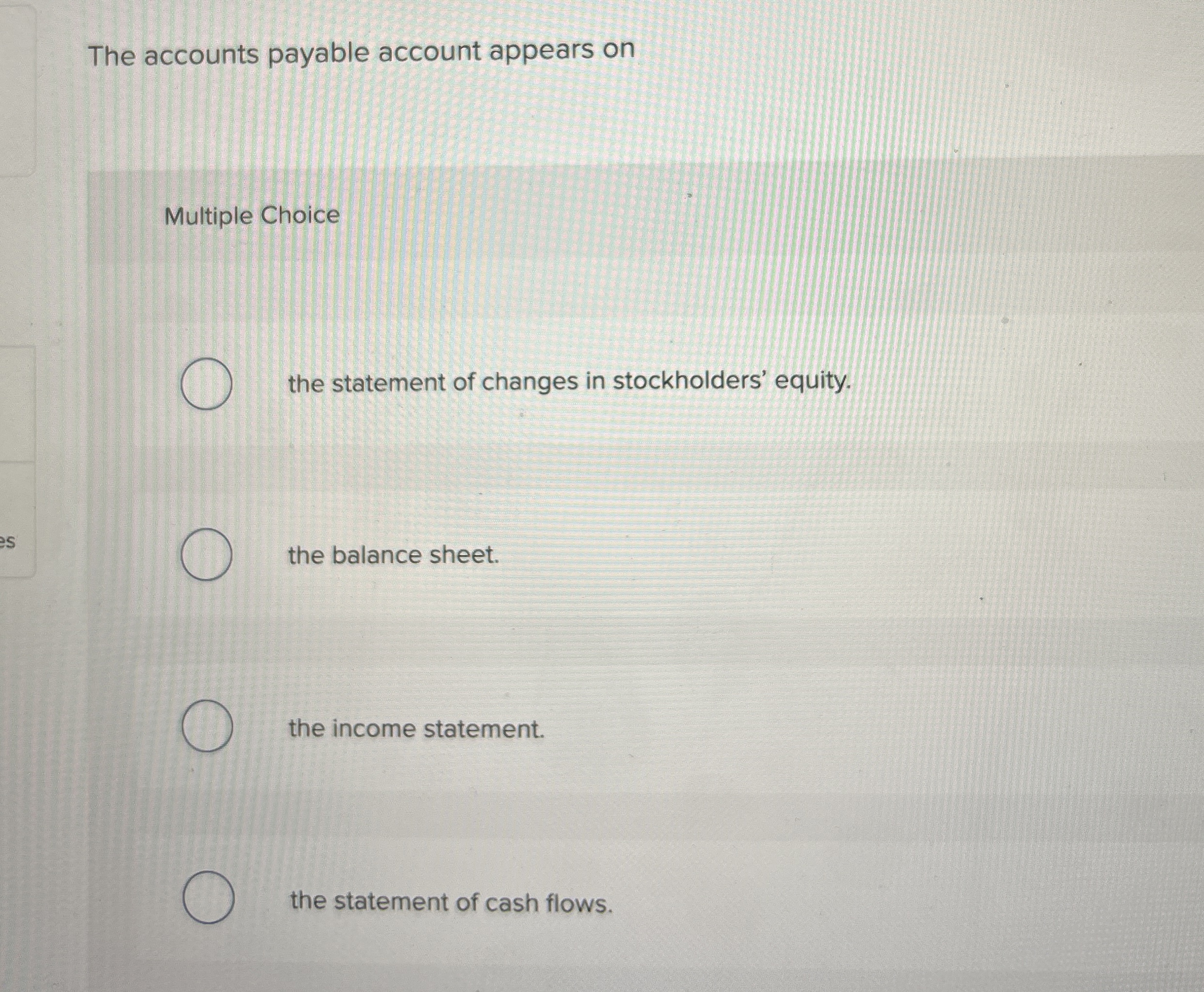  The accounts payable account appears on Multiple Choice the statement of