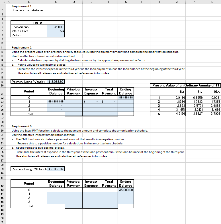 Requirements 1. Complete the data table. 2. Using the present value of