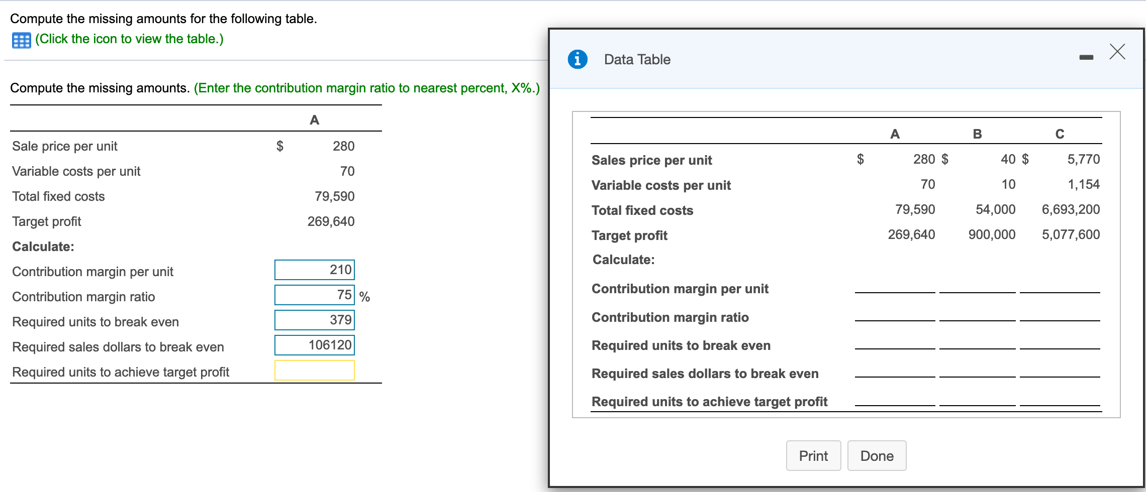  Compute the missing amounts for the following table. (Click the icon
