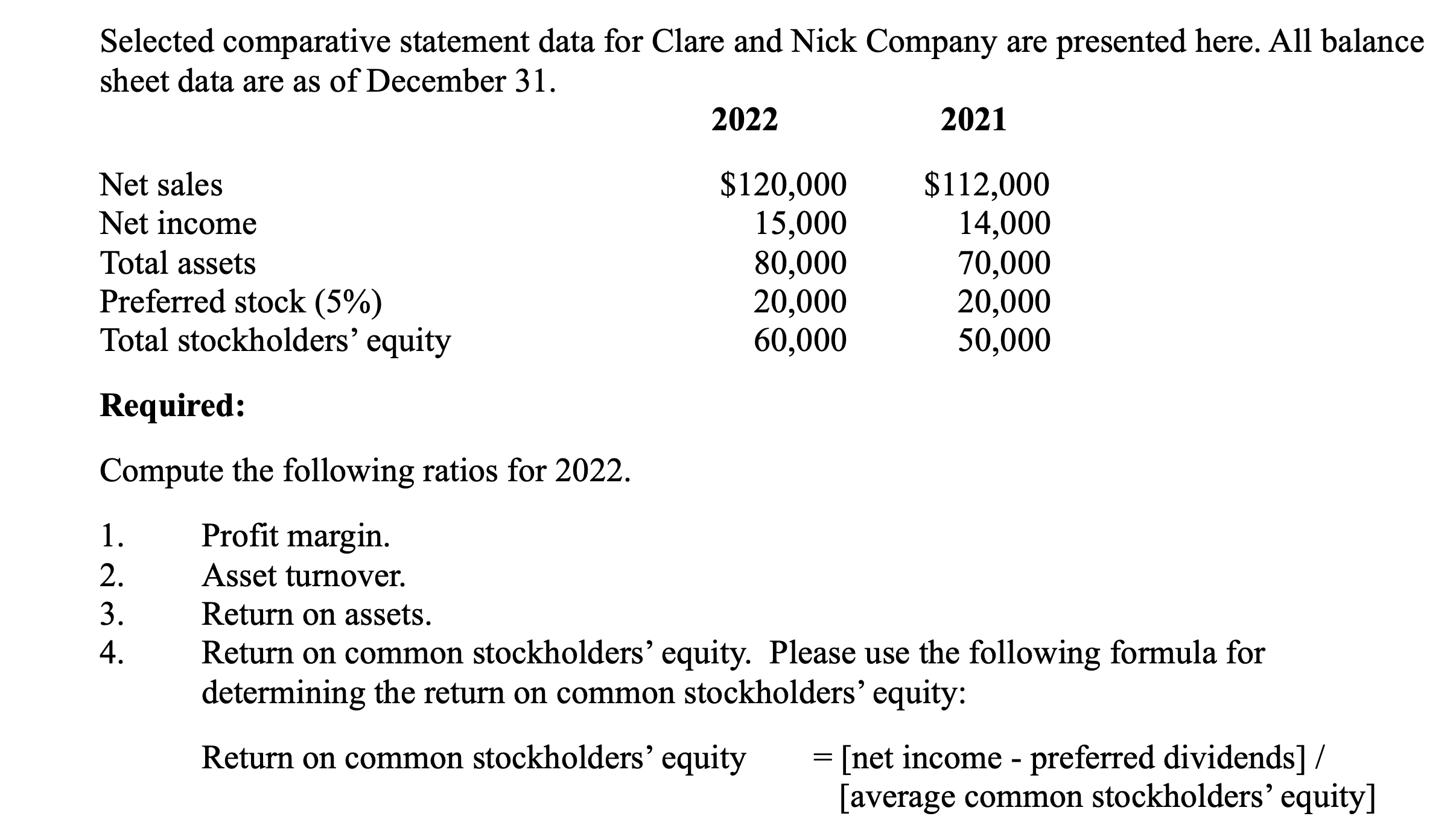  Selected comparative statement data for Clare and Nick Company are presented