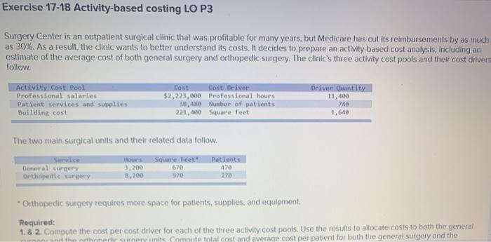  Exercise 17-18 Activity-based costing LO P3 Surgery Center is an outpatient