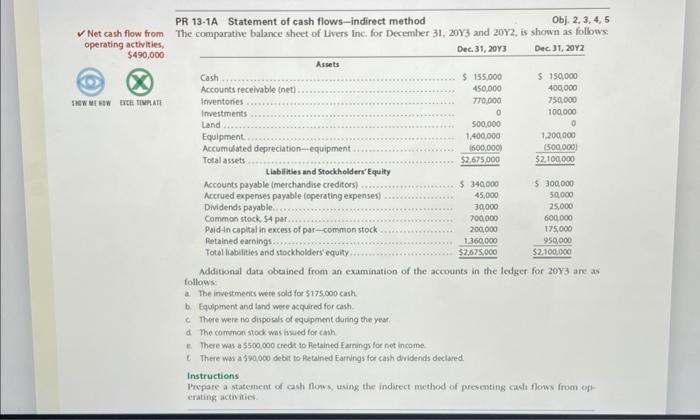  PR 13-1A Statement of cash flows-indirect method Obj. 2, 3, 4,