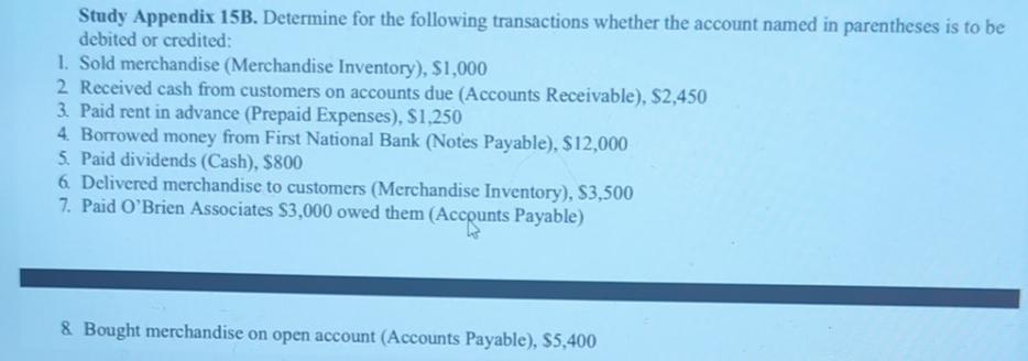 Study Appendix 15B. Determine for the following transactions whether the account