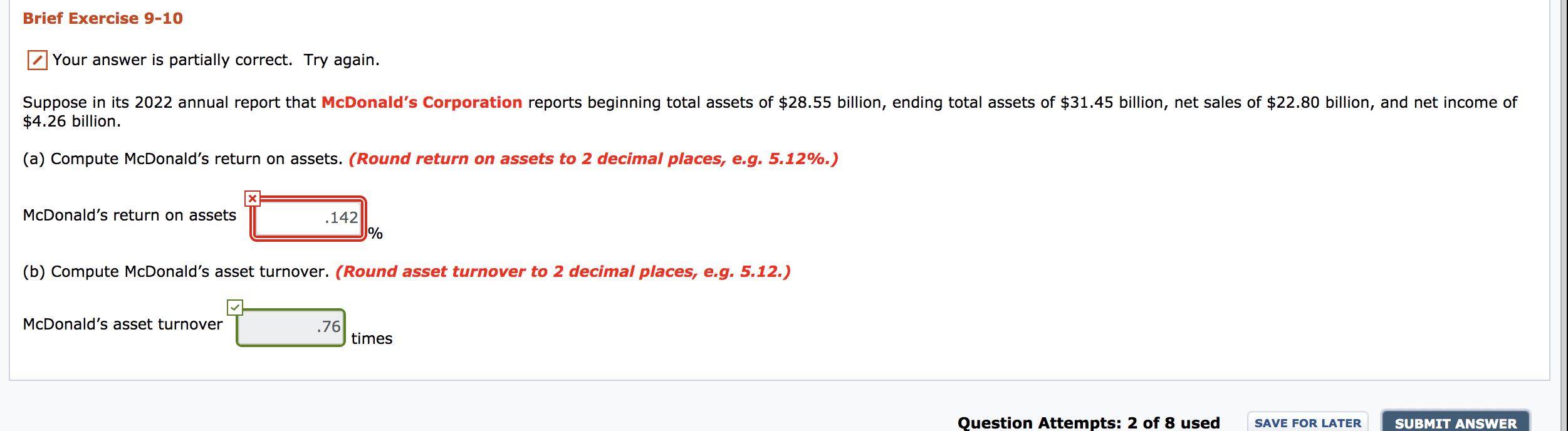 Brief Exercise 9-10 Your answer is partially correct. Try again. Suppose