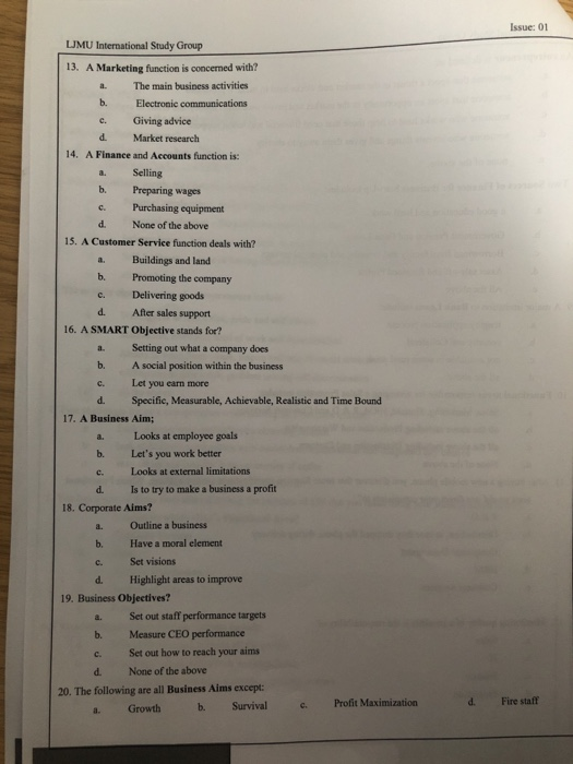  Issue: 01 LIMU International Study Group 13. A Marketing function is