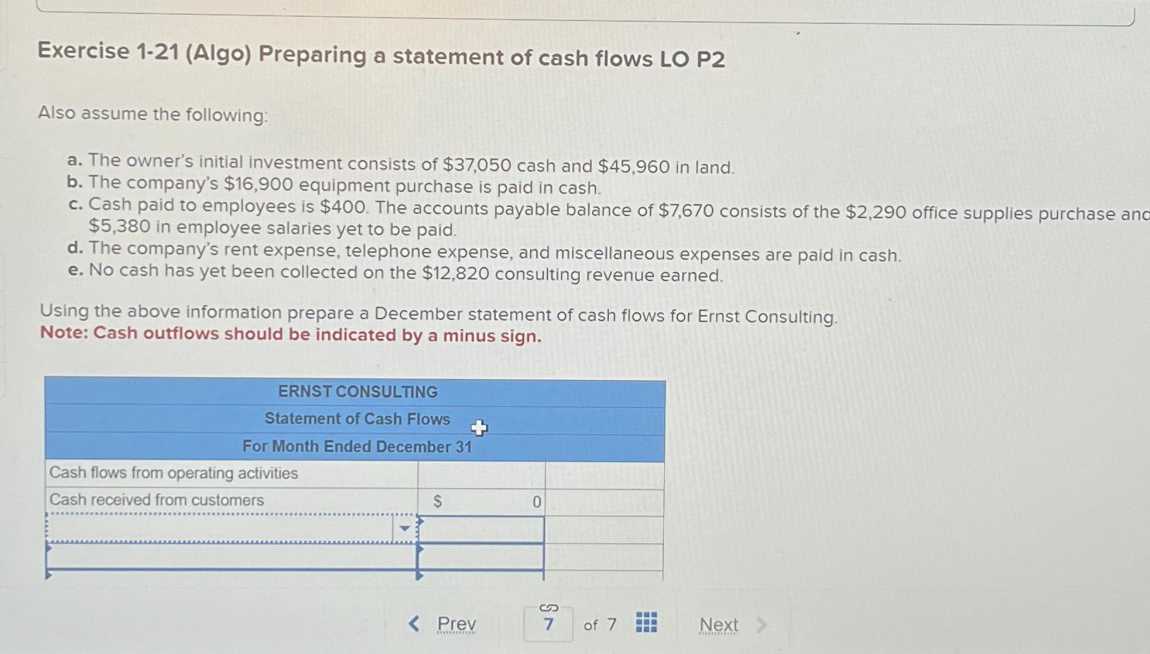  Exercise 1-21(Algo) Preparing a statement of cash flows LO P2 Also