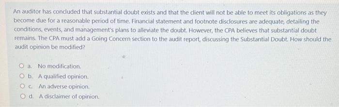  An auditor has concluded that substantial doubt exists and that the