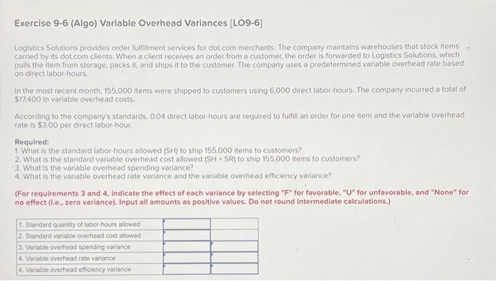  Exercise 9.6 (Algo) Variable Overhead Variances [LO9-6] Logistics Solutions provides order