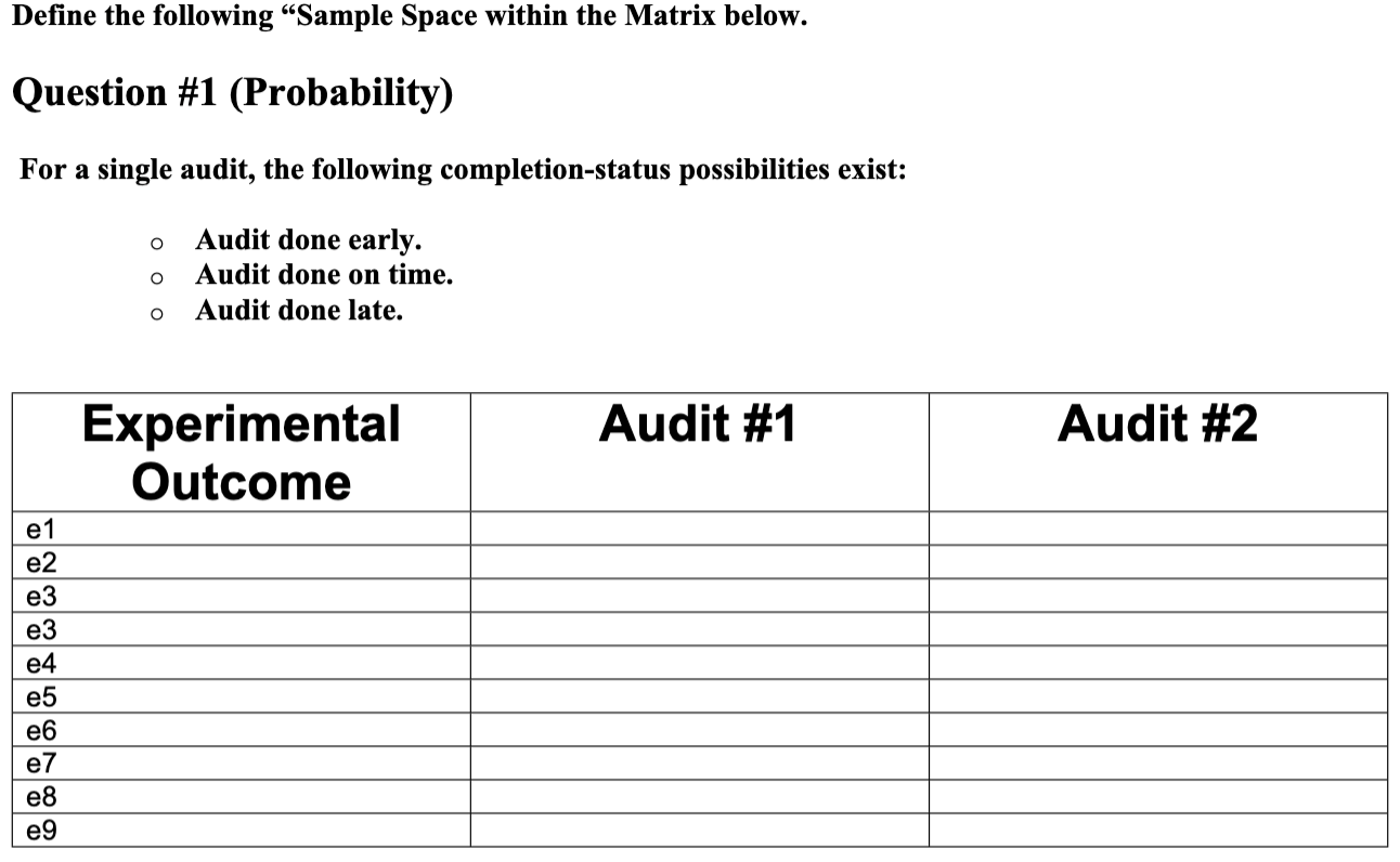  Define the following Sample Space within the Matrix below. Question #1(Probability)