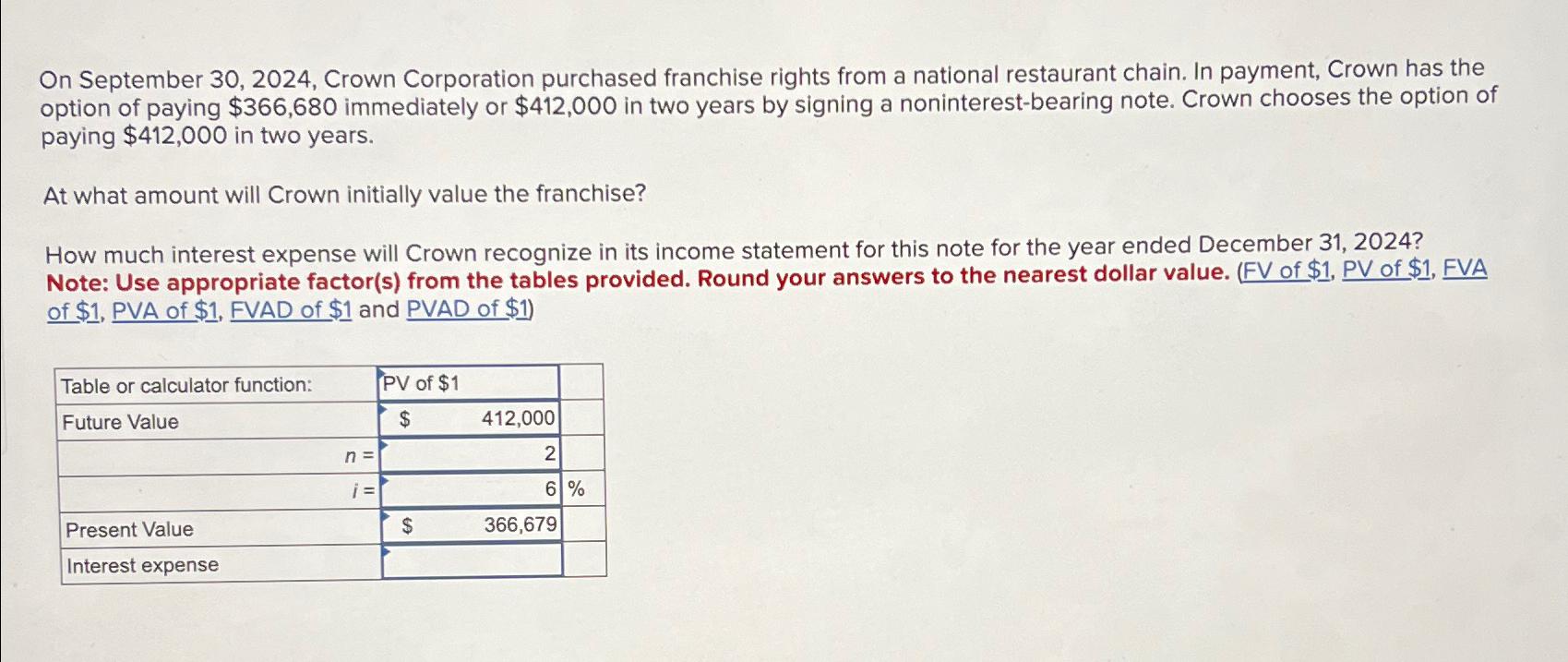  On September 30,2024, Crown Corporation purchased franchise rights from a national