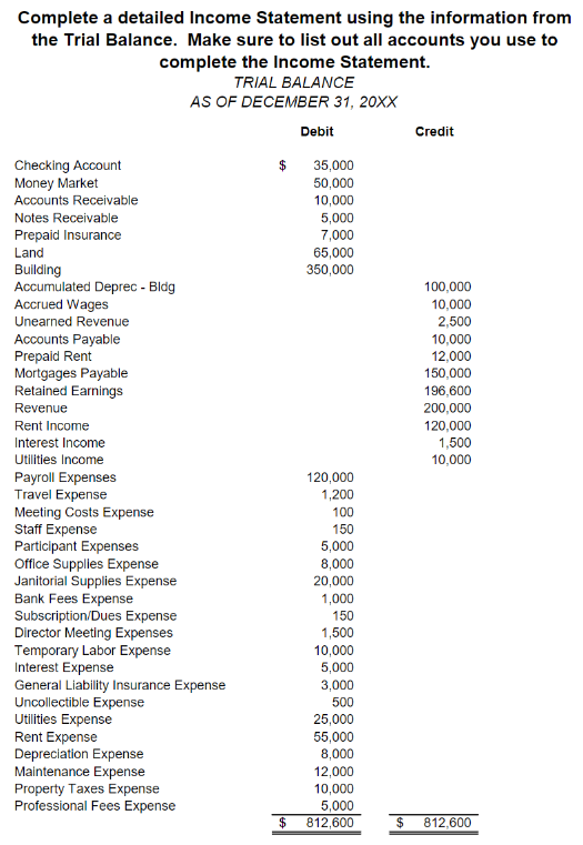  Complete a detailed Income Statement using the information from the Trial