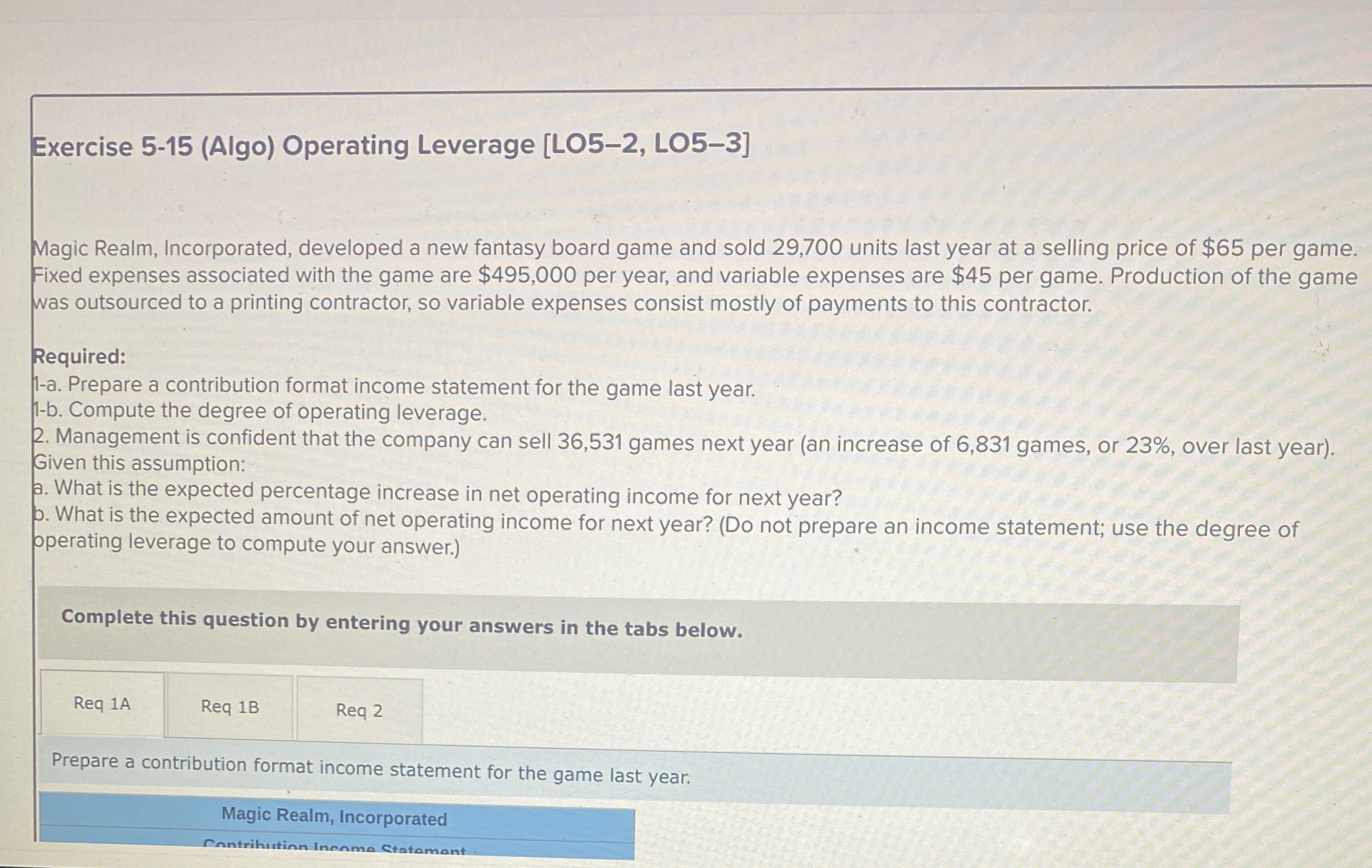  Exercise 5-15(Algo) Operating Leverage [LO5-2, LO5-3] Magic Realm, Incorporated, developed a