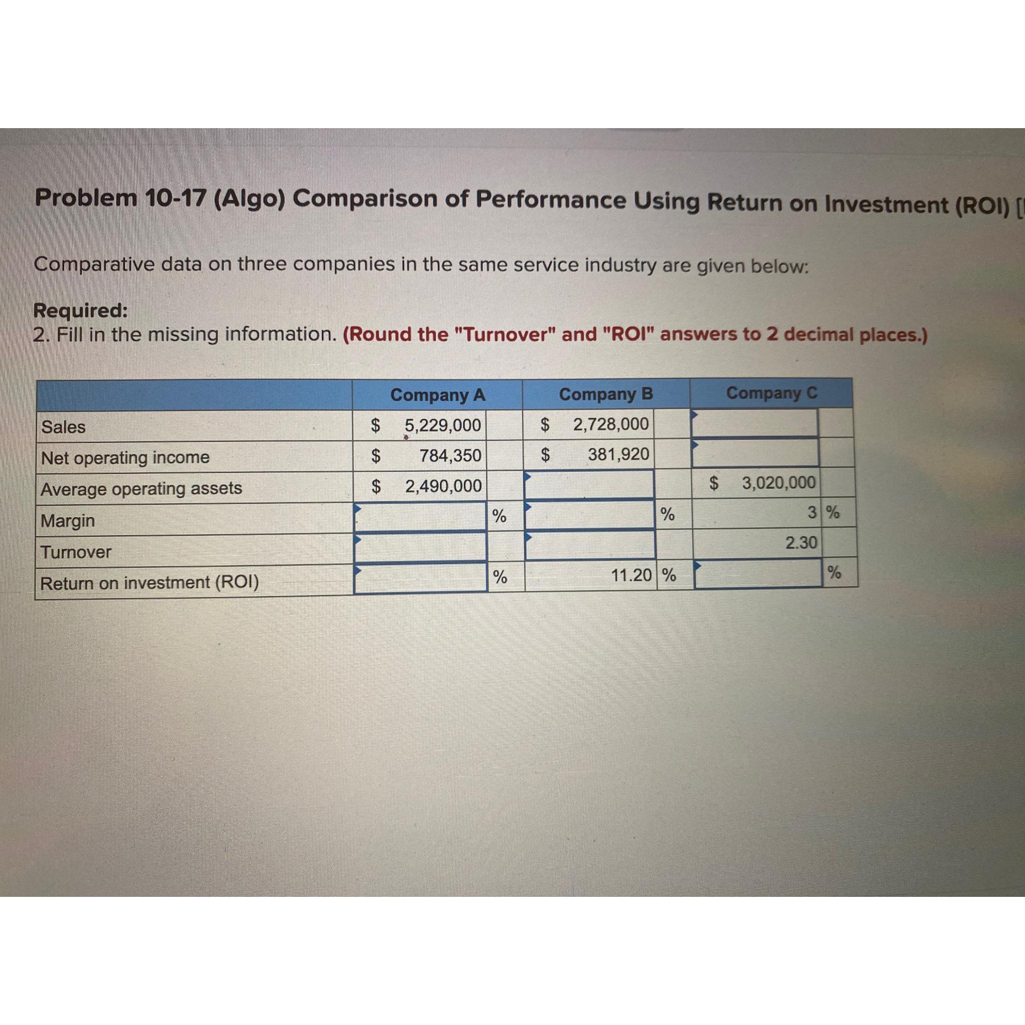  Problem 10-17(Algo) Comparison of Performance Using Return on Investment (ROI) Comparative