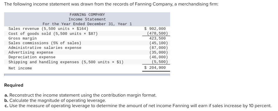  Reconstruct the income statement using the contribution margin format. . Calculate