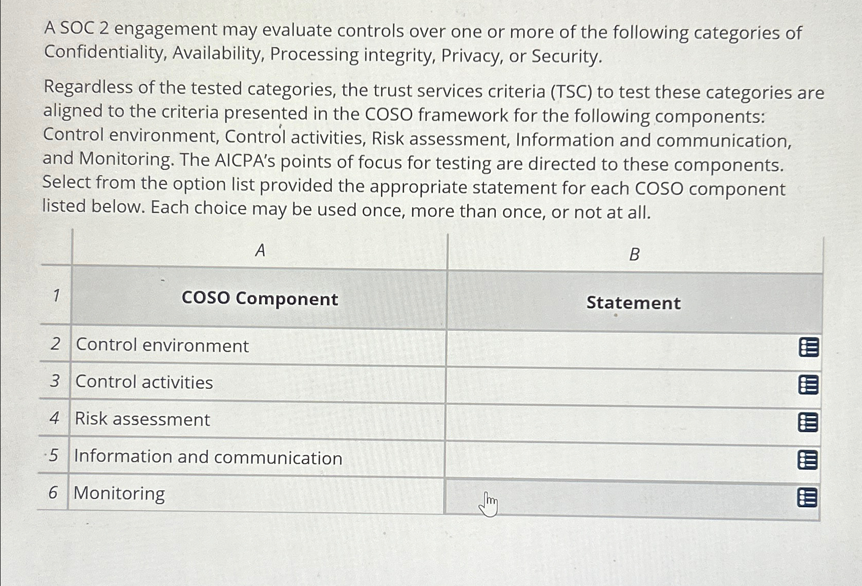  A SOC 2 engagement may evaluate controls over one or more