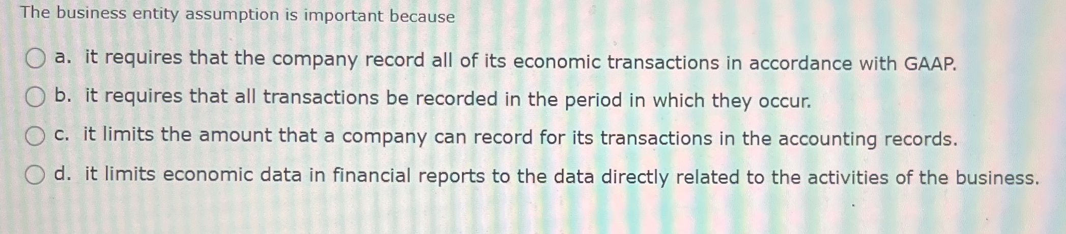  The business entity assumption is important because a. it requires that