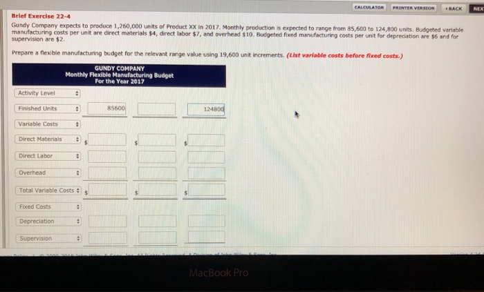  'BACK- CALCULATOR PRINTER VERSION Brief Exercise 22-4 Gundy C mpany expects