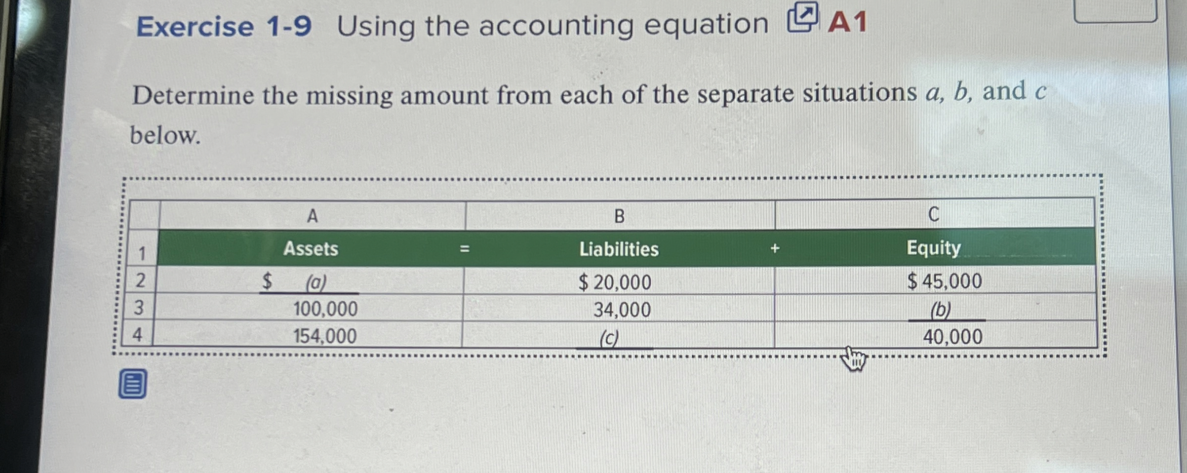  Exercise 1-9 Using the accounting equation A1 Determine the missing amount