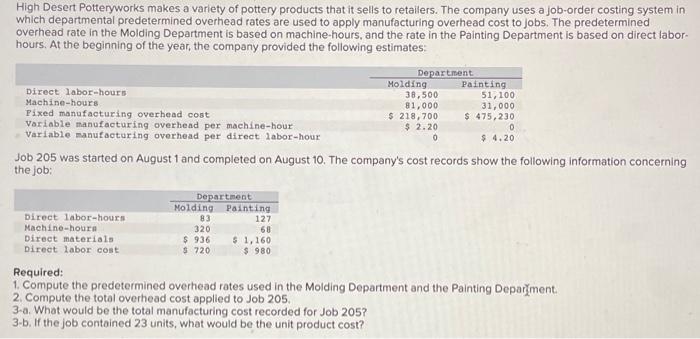 3 part question - all data provided :) High Desert Potteryworks makes
