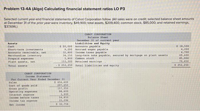  Problem 13-4A (Algo) Calculating financial statement ratios LO P3 Selected current