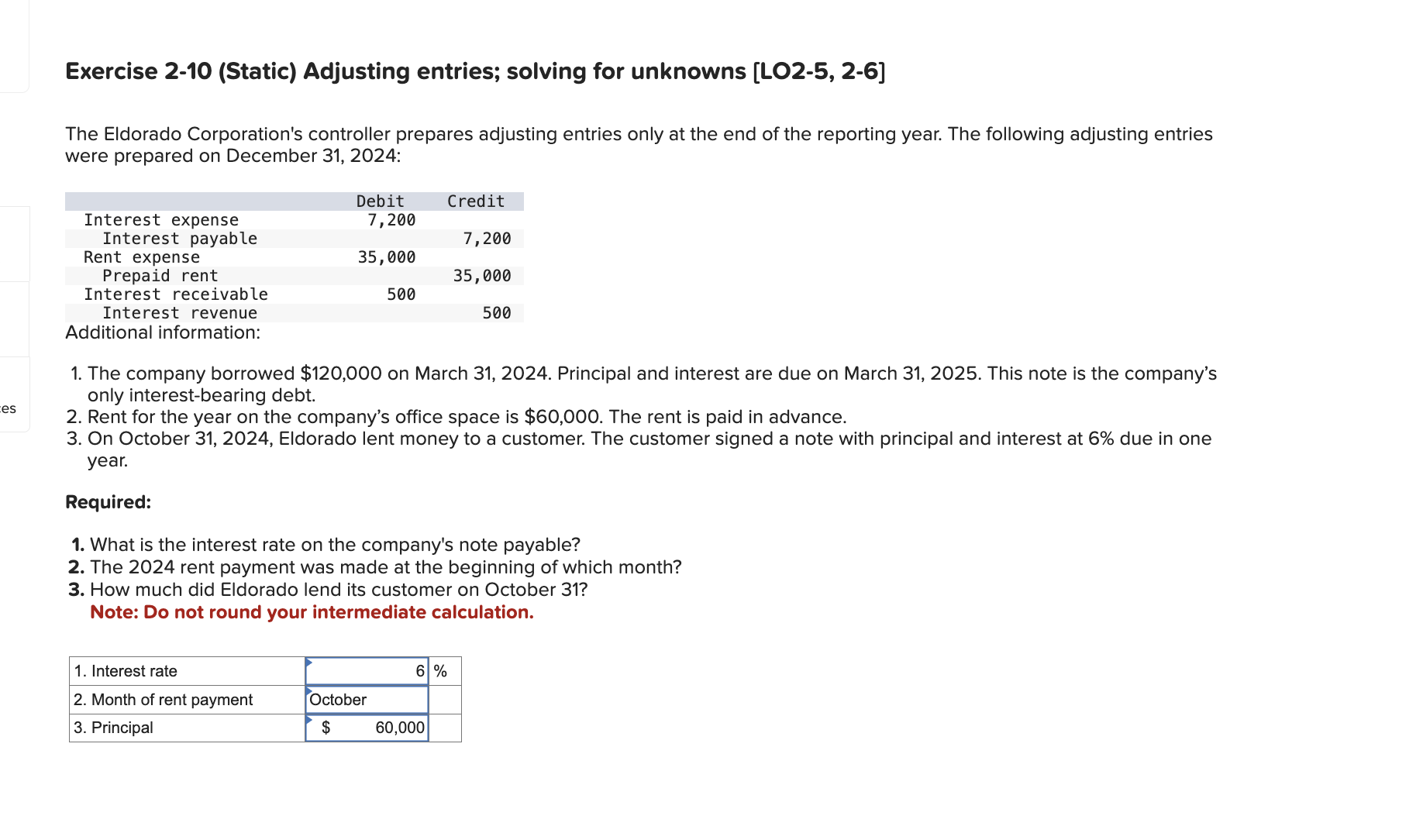 Exercise 2-10(Static) Adjusting entries; solving for unknowns [LO2-5,2-6] The Eldorado Corporation's