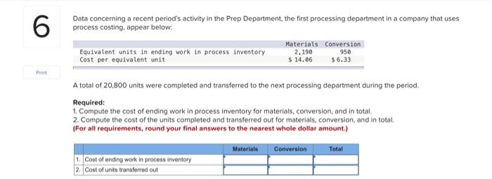 costing system. The following data are available for one department for October