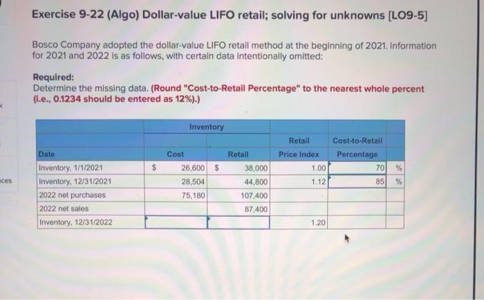  Exercise 9-22 (Algo) Dollar-value LIFO retail; solving for unknowns (LO9-5) Bosco