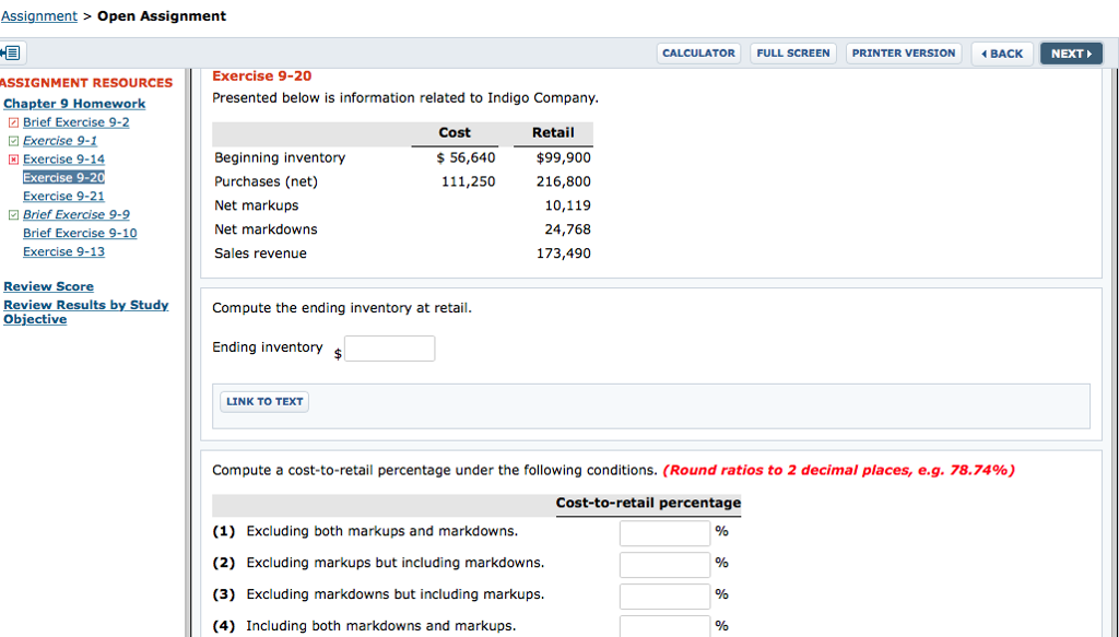  Assignment> Open Assignment CALCULATOR FULL SCREEN PRINTER VERSION BACK Exercise 9-20