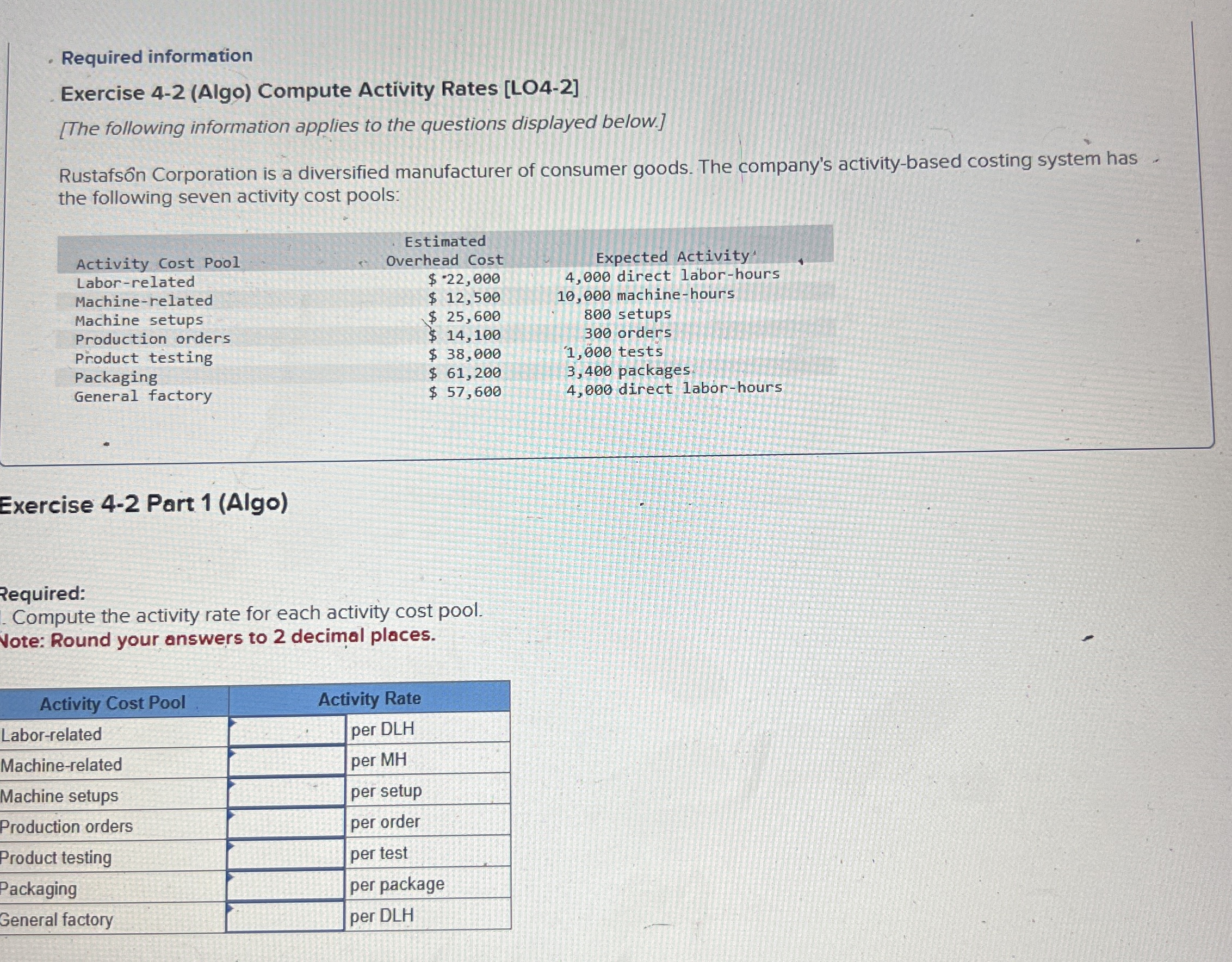 How to solve Required information Exercise 4-2(Algo) Compute Activity Rates [LO4-2]