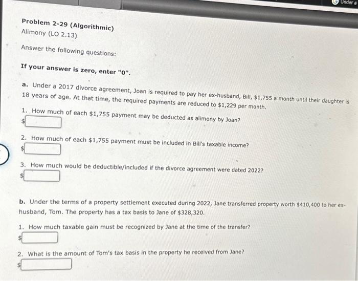  If your answer is zero, enter " 0 ". a. Under
