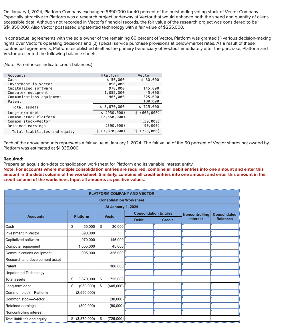  On January 1,2024, Platform Company exchanged $890,000 for 40 percent of