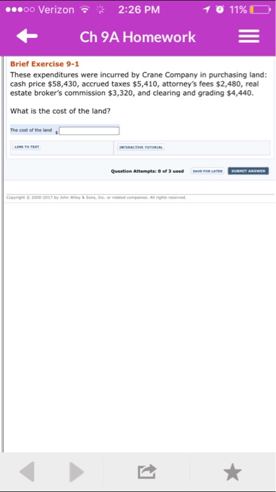  11% oo Verizon 2:26 PM Ch 9A Homework E Brief Exercise