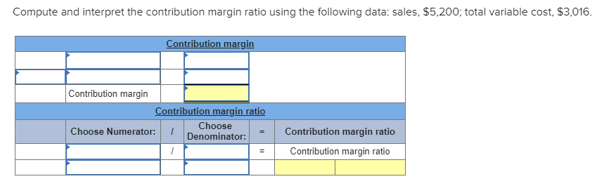 Compute and interpret the contribution margin ratio using the following data: