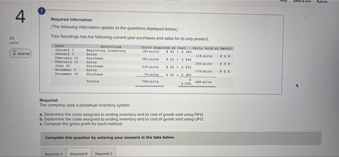  Srait Submit 4 20 points Required information The following information applies