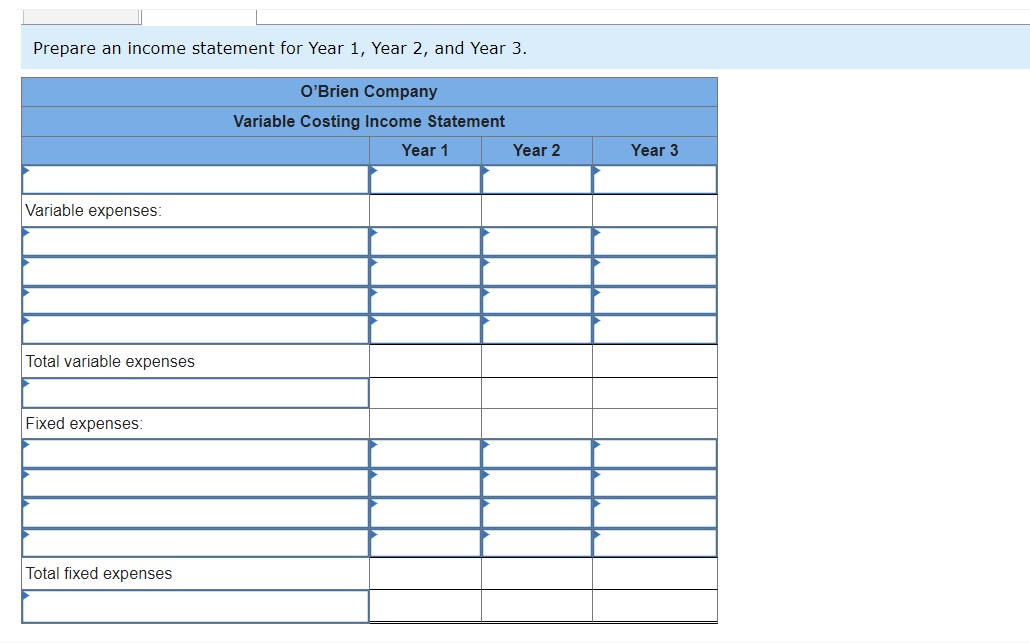 questions displayed below.] O'Brien Company manufactures and sells one product. The following