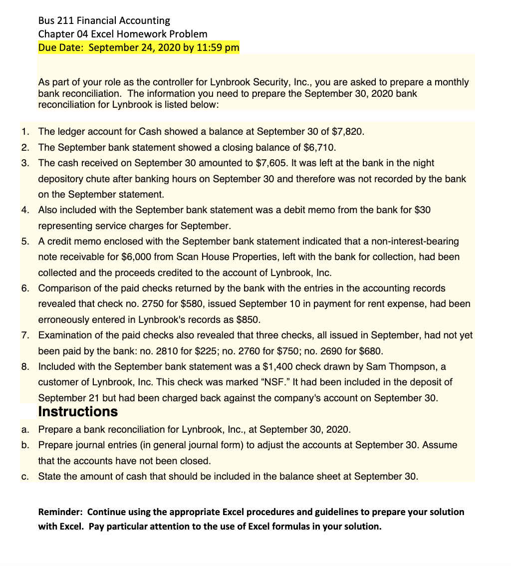  Bus 211 Financial Accounting Chapter 04 Excel Homework Problem Due Date: