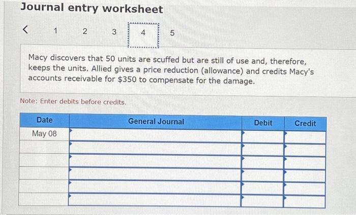 ). Note: Enter debits before credits. Journal entry worksheet Allied sold 500