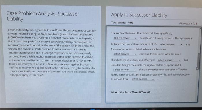  Liability Apply It: Successor Liability Total points: /100 Jensen indemnity, Inc,