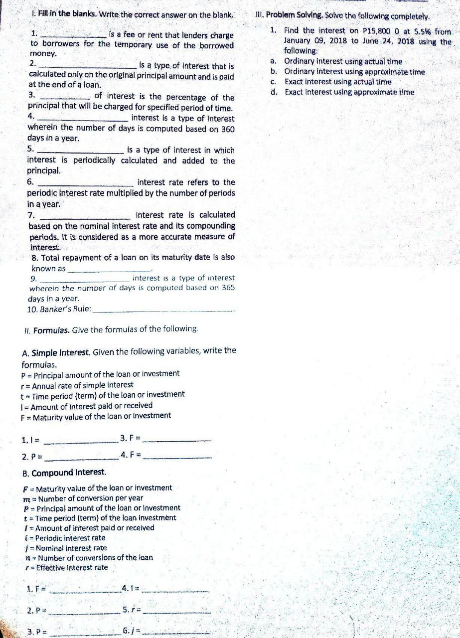  1. Fill in the blanks. Write the correct answer on the