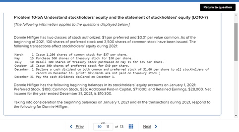 Return to question Problem 10-5A Understand stockholders' equity and the statement