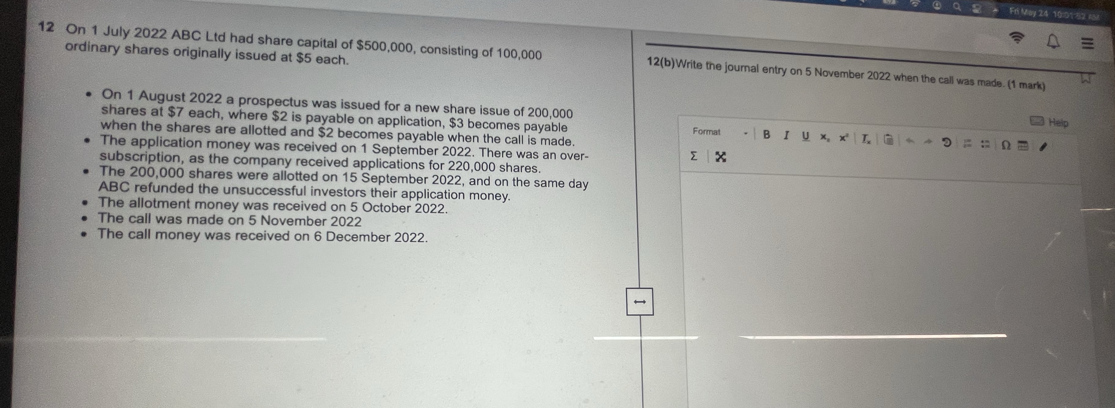  12 On 1 July 2022 ABC Ltd had share capital of