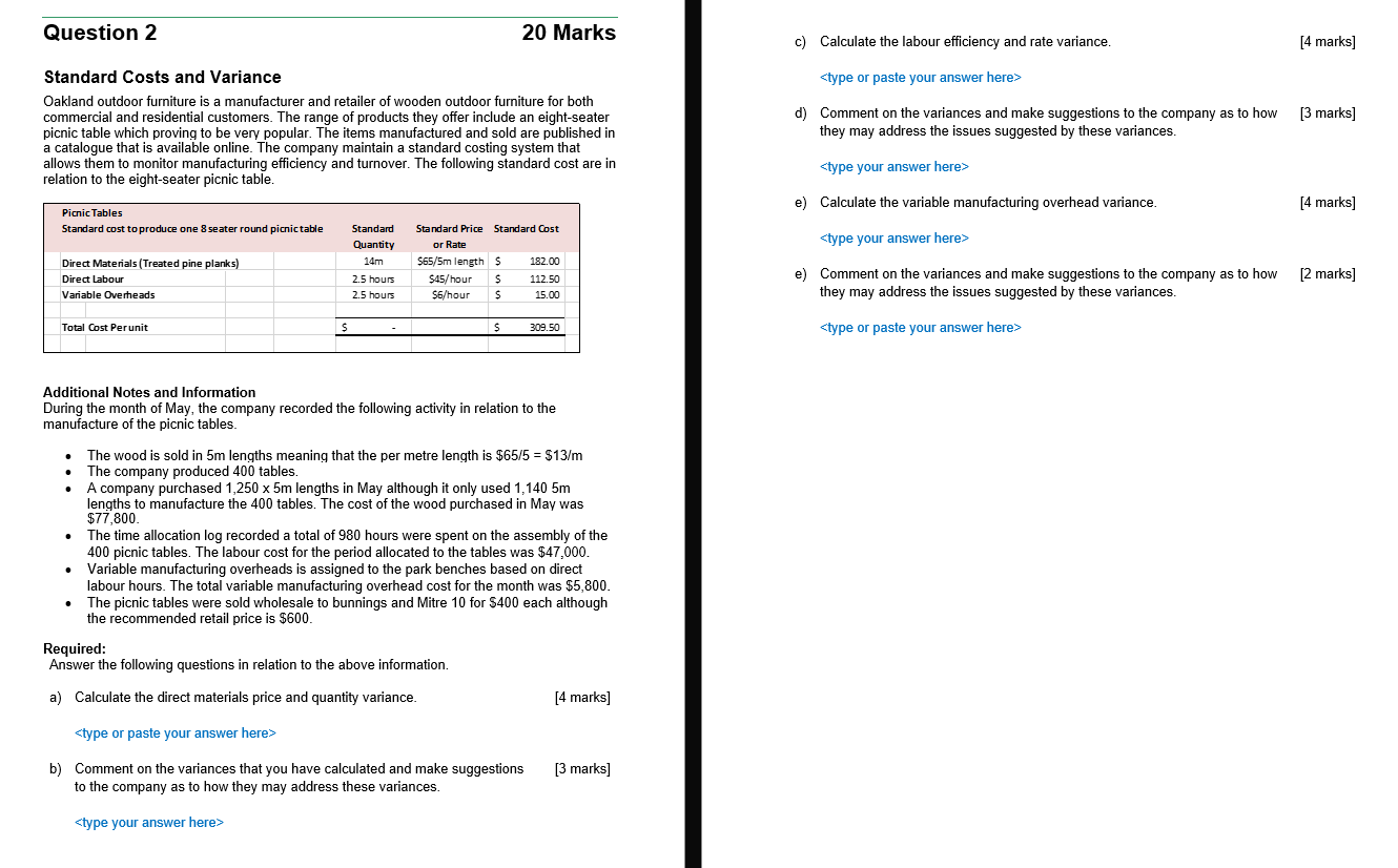 Question 2 20 Marks c) Calculate the labour efficiency and rate
