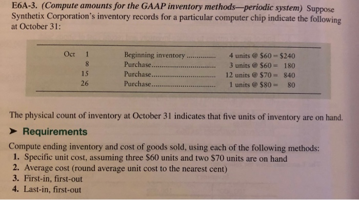  E6A-3. (Compute amounts for the GAAP inventory methods-periodic system) Suppose Synthetix
