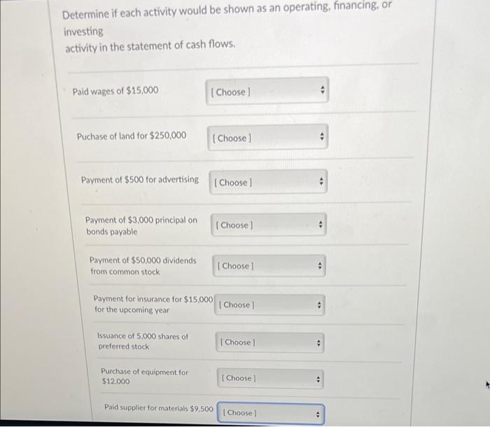  Determine if each activity would be shown as an operating, financing,