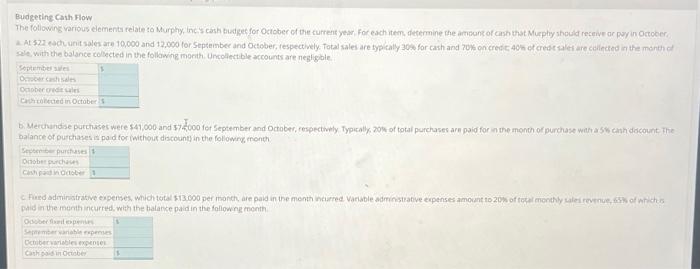  Budgeting Cath Flow The following warious elements relate :o Murphy, inc