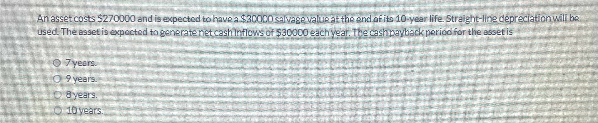  An asset costs $270000 and is expected to have a $30000