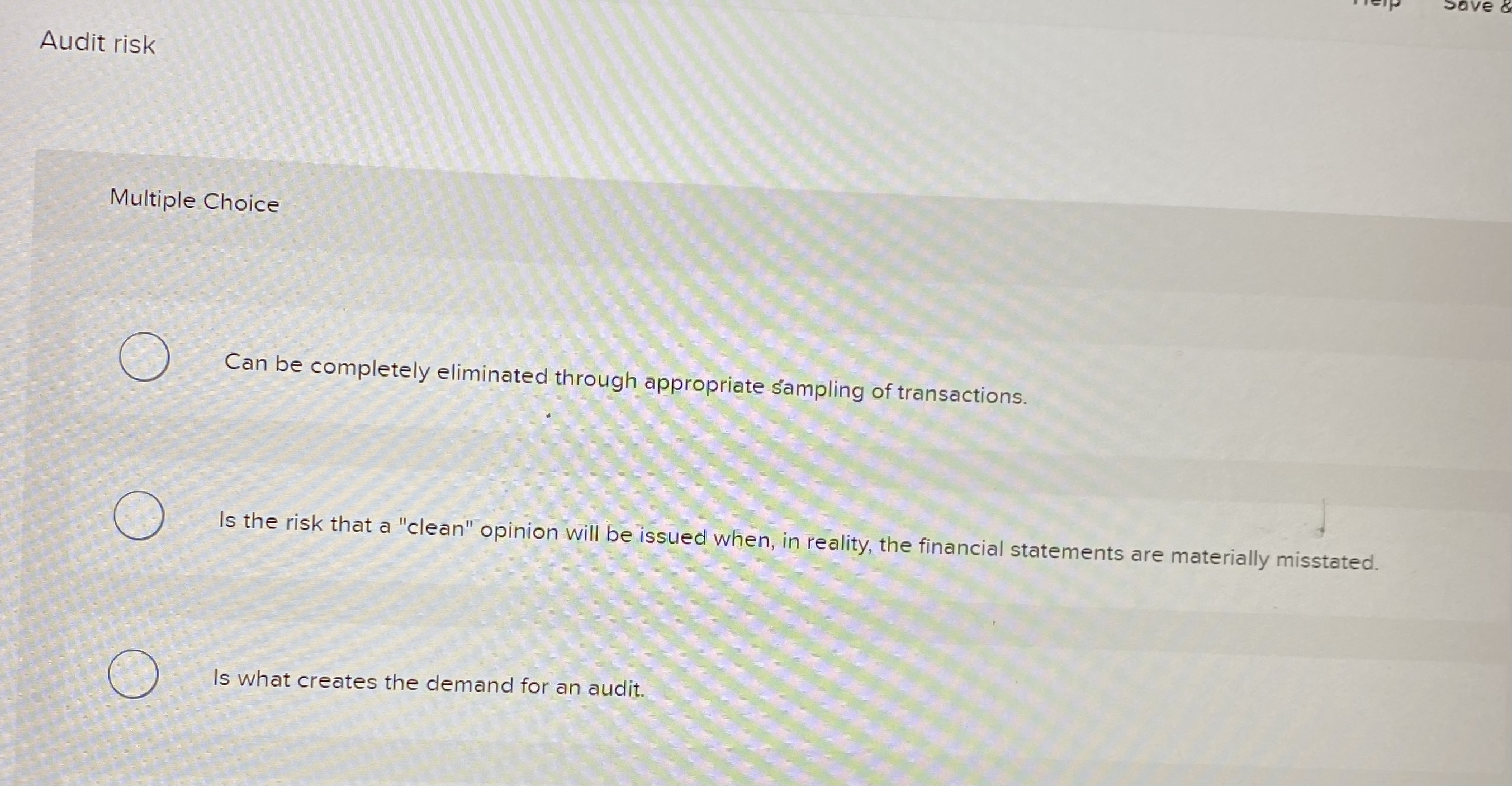  Audit risk Multiple Choice Can be completely eliminated through appropriate sampling